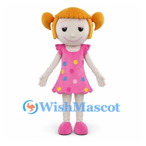 Girl Mascot Costume with Orange Hair Buns and Pink Polka Dot Dress