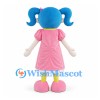 Girl Mascot Costume with Blue Pigtails and Pink Dress