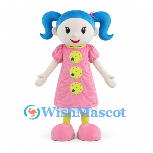 Girl Mascot Costume with Blue Pigtails and Pink Dress