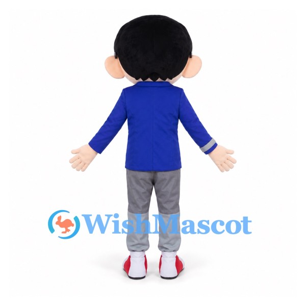 Boy Mascot Costume with Round Glasses and Blue Buttoned Shirt
