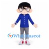 Boy Mascot Costume with Round Glasses and Blue Buttoned Shirt