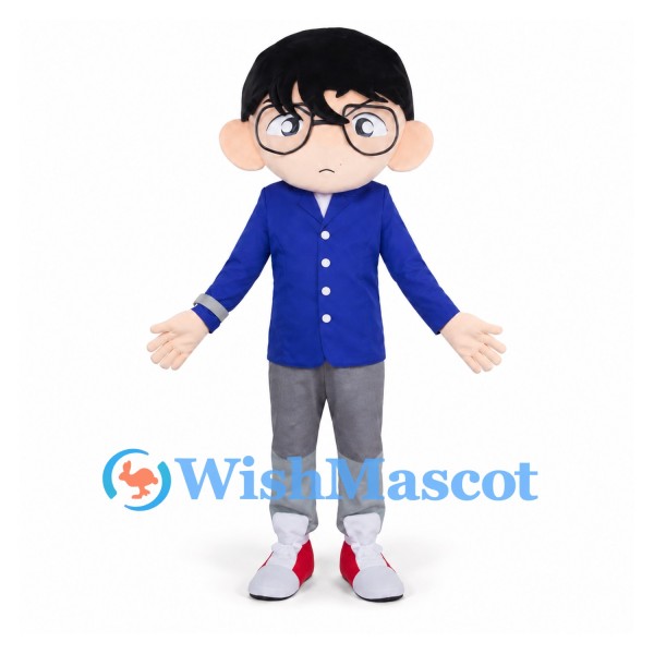 Boy Mascot Costume with Round Glasses and Blue Buttoned Shirt