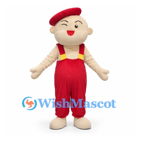 Boy Mascot Costume with Red Overalls and Beret