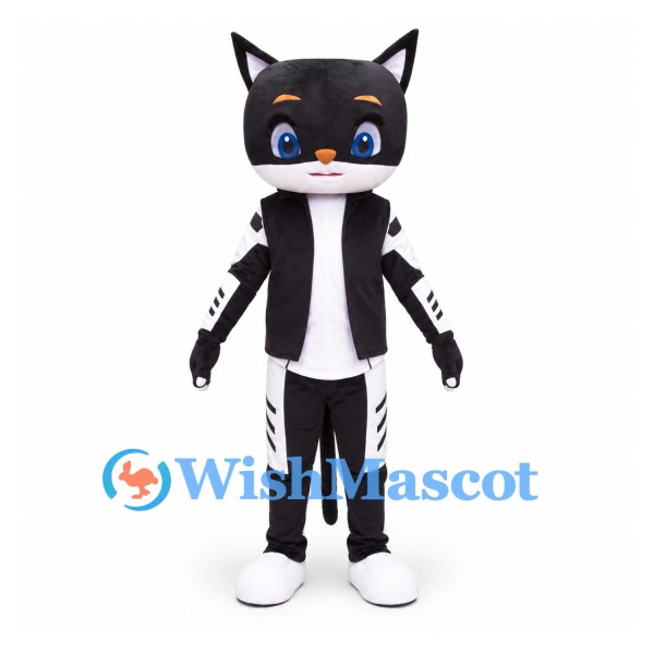 Cat Mascot Costume in Black with White Striped Suit