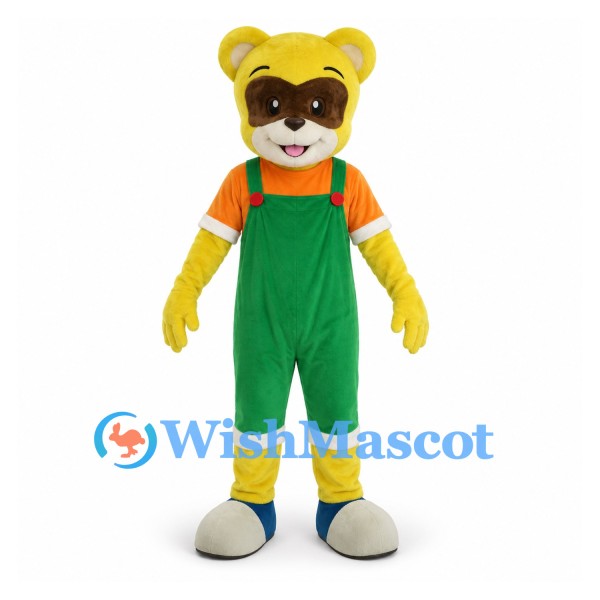 Raccoon Mascot Costume in Yellow with Green Overalls