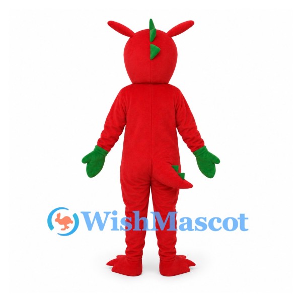 Dragon Mascot Costume in Red with Green Spines and Hands
