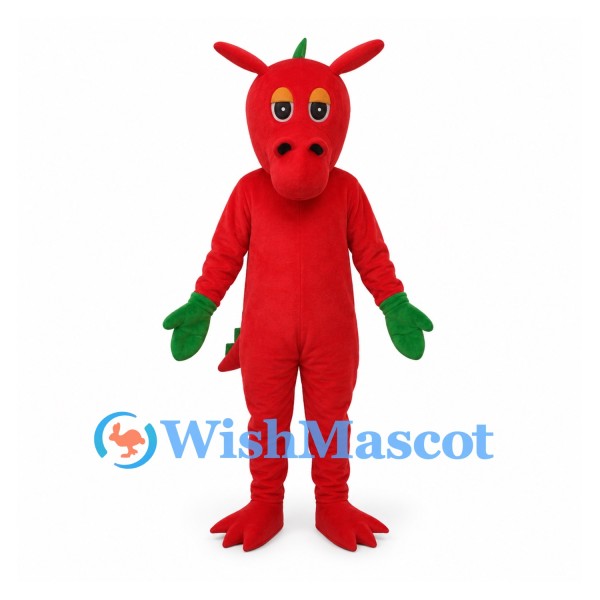 Dragon Mascot Costume in Red with Green Spines and Hands