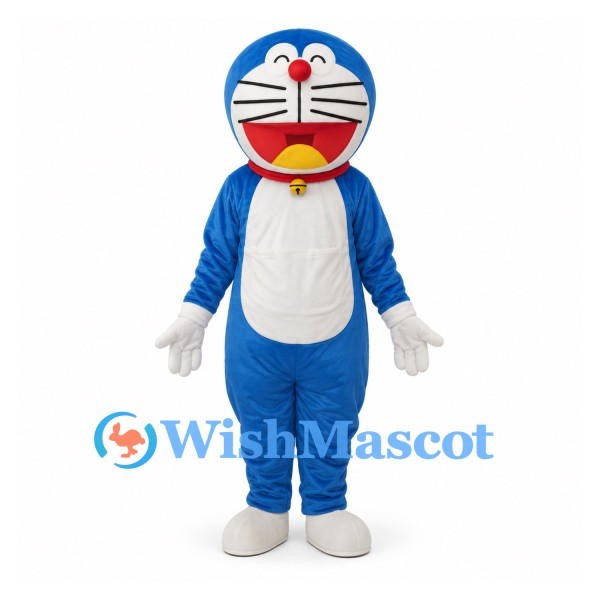 Robot Cat Mascot Costume in Blue with White Belly and Red Collar