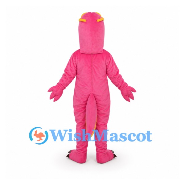 Dragon Mascot Costume in Pink with Yellow Belly and Horns