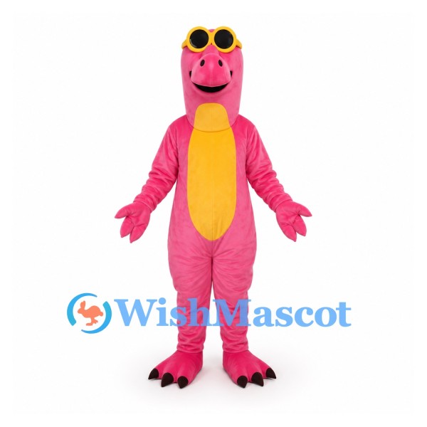 Dragon Mascot Costume in Pink with Yellow Belly and Horns