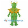 Dragon Mascot Costume in Green with Yellow Wings and Curved Horns