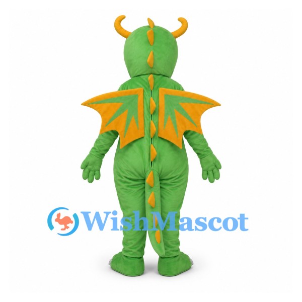 Dragon Mascot Costume in Green with Yellow Wings and Curved Horns