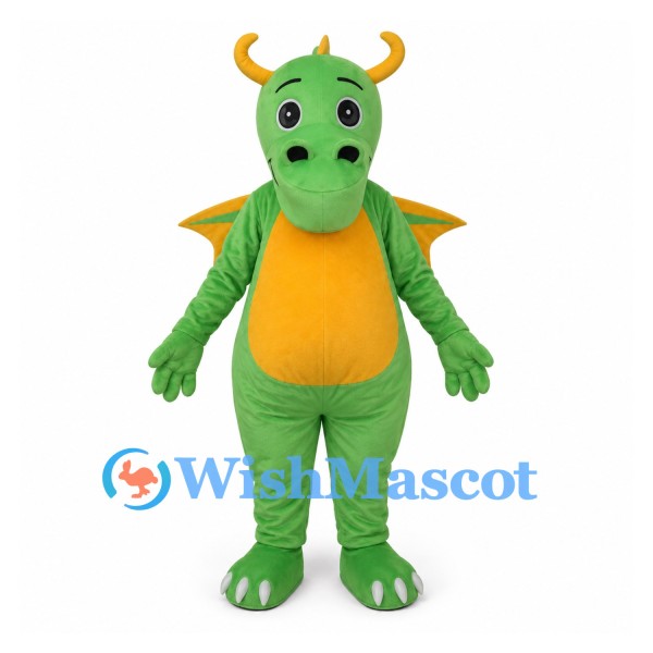 Dragon Mascot Costume in Green with Yellow Wings and Curved Horns