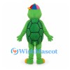 Turtle Mascot Costume in Green with Striped Belly and Colorful Cap