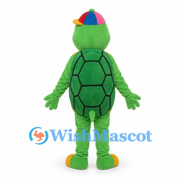 Turtle Mascot Costume in Green with Striped Belly and Colorful Cap