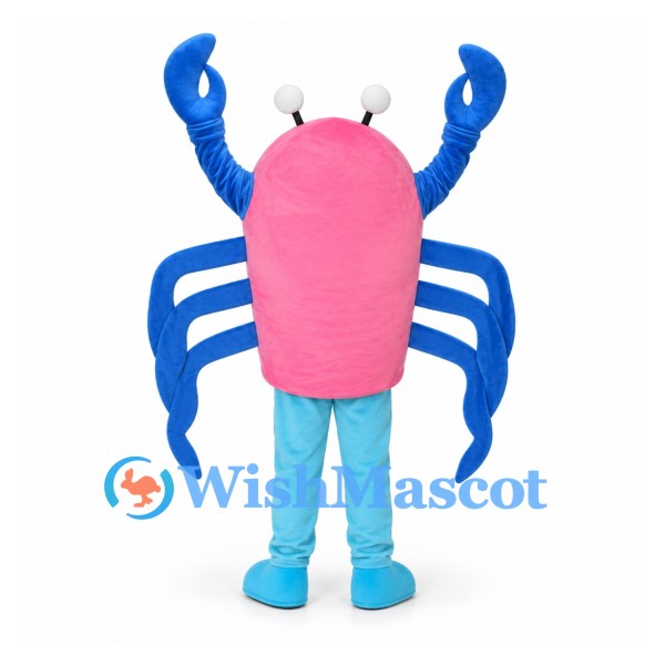 Crab Mascot Costume in Pink with Blue Claws and Legs