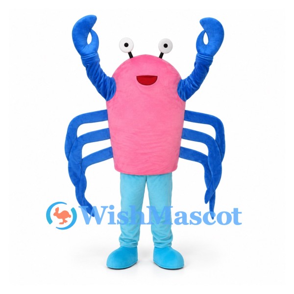 Crab Mascot Costume in Pink with Blue Claws and Legs