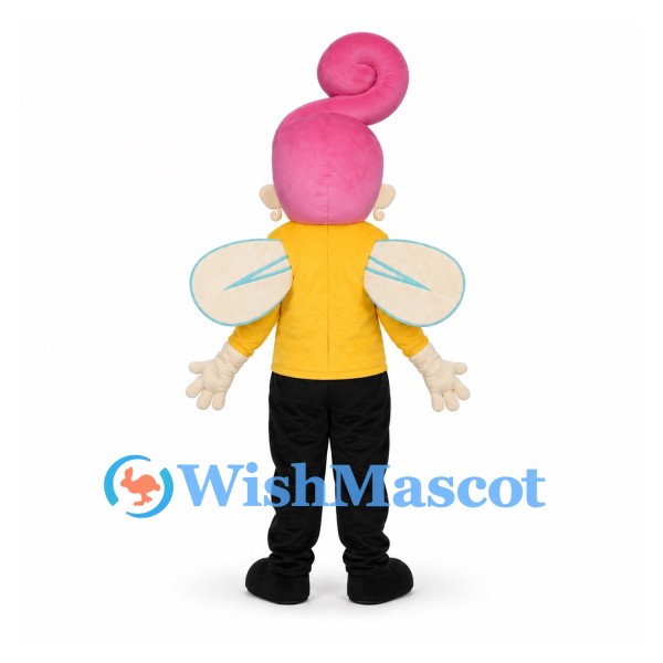 Fairy Mascot Costume with Pink Swirl Hair and Yellow Shirt