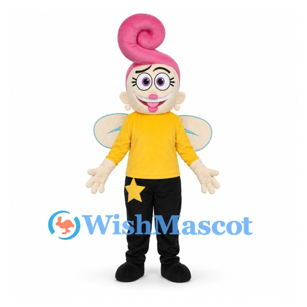 Fairy Mascot Costume with Pink Swirl Hair and Yellow Shirt