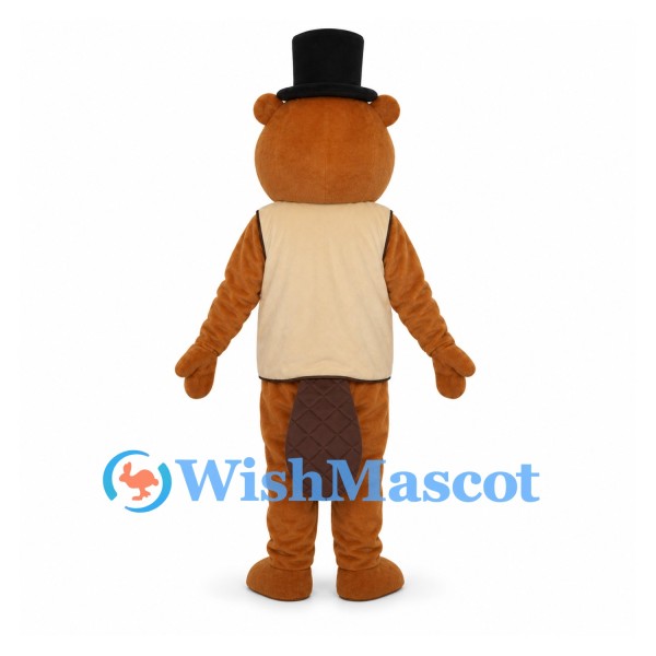 Beaver Mascot Costume with Black Top Hat and Tan Vest