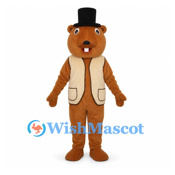 Beaver Mascot Costume with Black Top Hat and Tan Vest