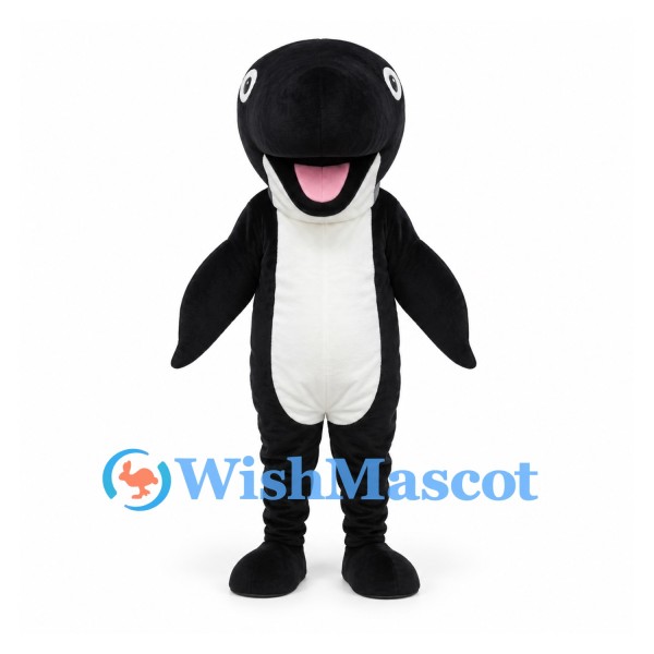 Whale Mascot Costume in Black and White with Rounded Head