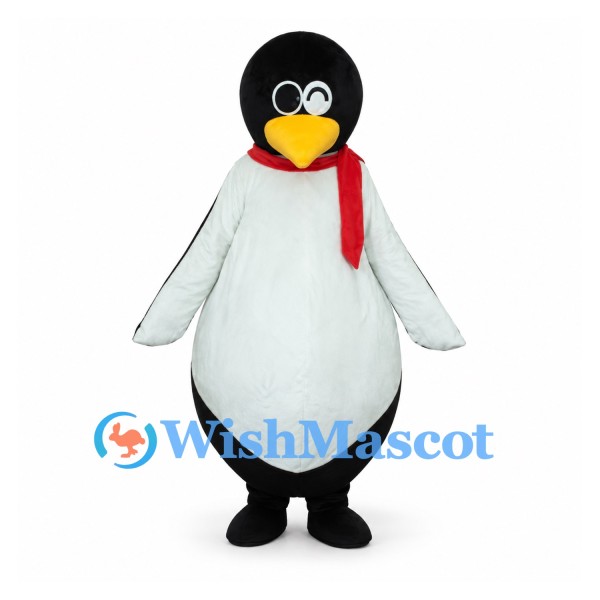 Penguin Mascot Costume with Rounded Belly and Red Scarf