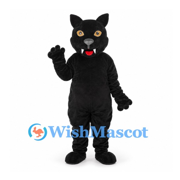 Cat Mascot Costume in Black with Long Tail and Yellow Eyes