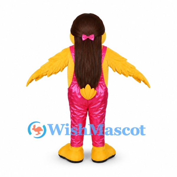 Girl Mascot Costume with Yellow Skin and Shiny Pink Overalls