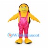 Girl Mascot Costume with Yellow Skin and Shiny Pink Overalls