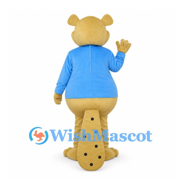 Beaver Mascot Costume with Blue Shirt and Wide Flat Tail