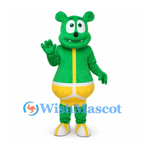 Bear Mascot Costume in Green with Yellow Shorts and Shoes
