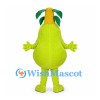 Pear Mascot Costume in Green with Leaf Crown and Pink Cheeks