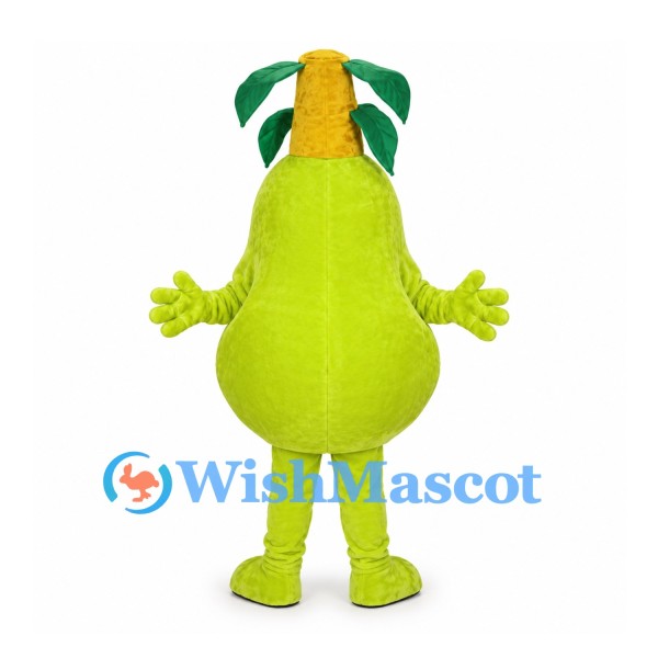 Pear Mascot Costume in Green with Leaf Crown and Pink Cheeks