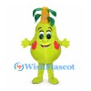 Pear Mascot Costume in Green with Leaf Crown and Pink Cheeks