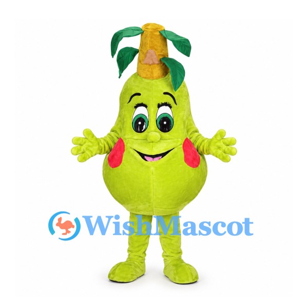 Pear Mascot Costume in Green with Leaf Crown and Pink Cheeks