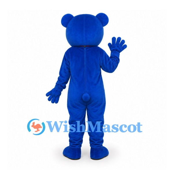 Bear Mascot Costume in Blue with Red Bow Tie