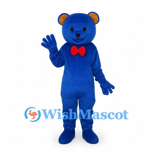 Bear Mascot Costume in Blue with Red Bow Tie