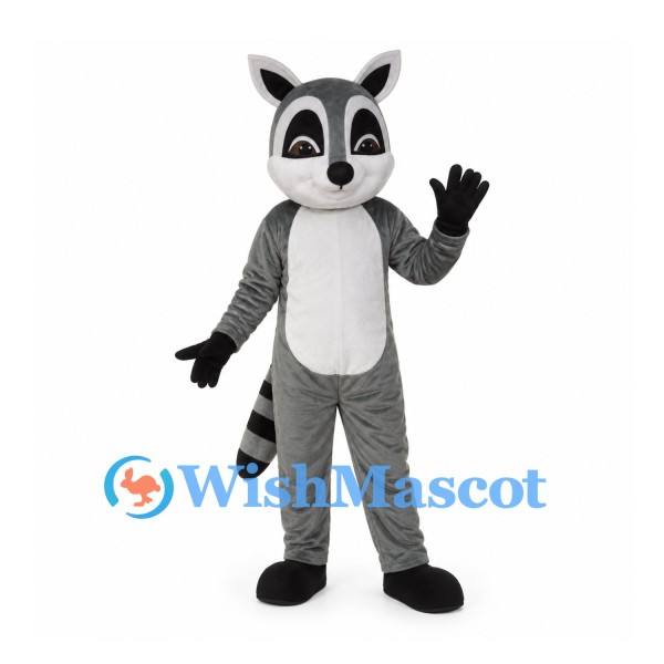 Raccoon Mascot Costume in Gray with Black Eye Mask and Striped Tail