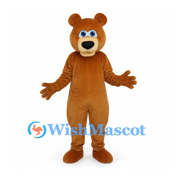 Bear Mascot Costume in Tan with Blue Eyes and Rounded Muzzle