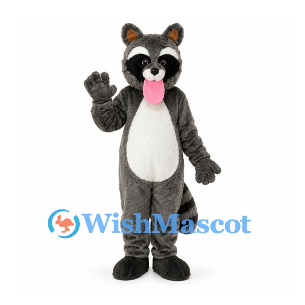 Raccoon Mascot Costume in Gray with Pink Tongue and Striped Tail