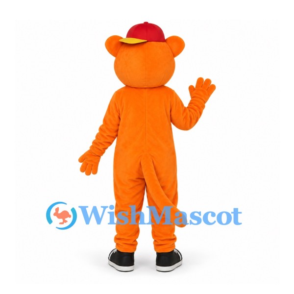 Cat Mascot Costume in Orange with Red Cap and Black Sneakers