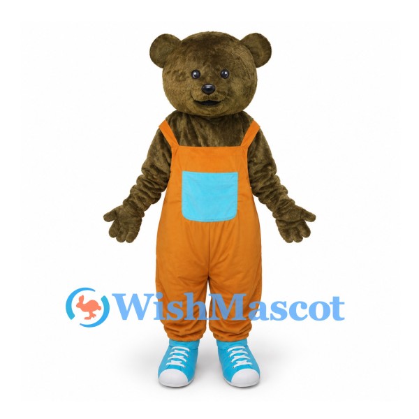 Bear Mascot Costume with Orange Overalls and Turquoise Pocket