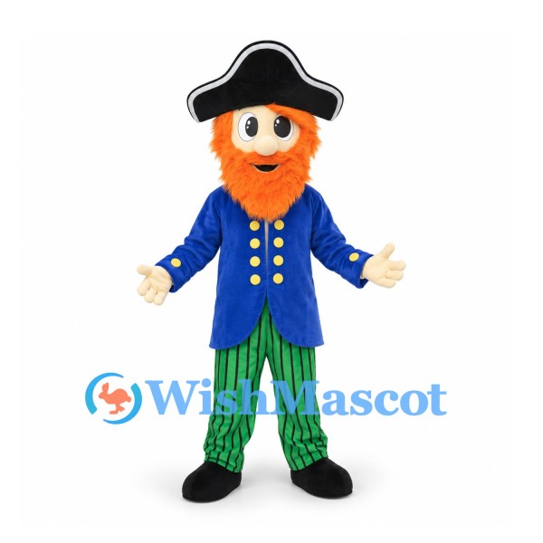 Pirate Mascot Costume with Orange Beard and Blue Coat