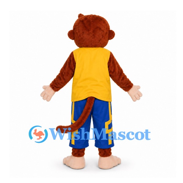 Monkey Mascot Costume with Yellow Vest and Blue Patterned Pants
