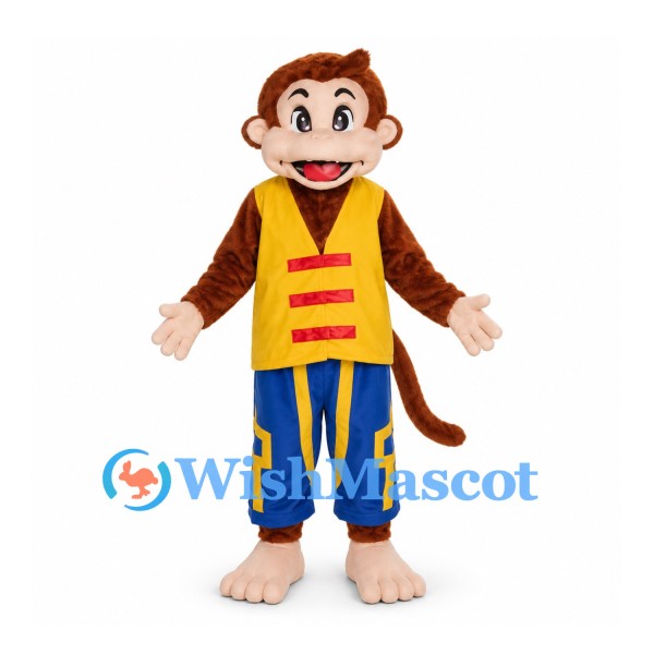 Monkey Mascot Costume with Yellow Vest and Blue Patterned Pants