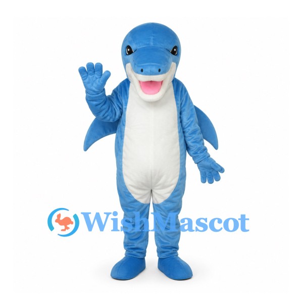 Shark Mascot Costume in Blue with White Belly and Side Fins