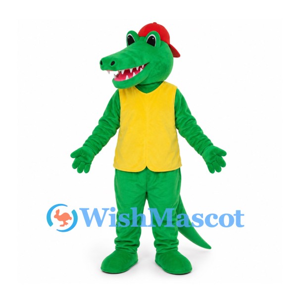 Crocodile Mascot Costume with Yellow Vest and Red Cap