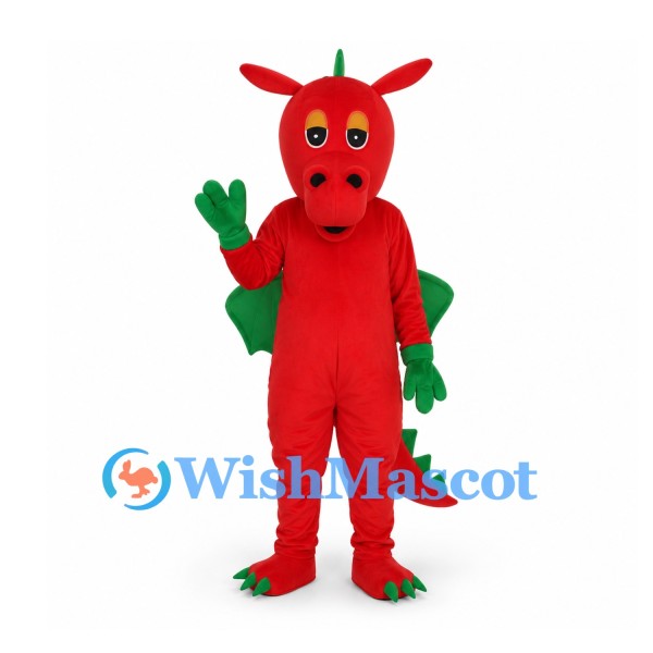 Dragon Mascot Costume in Red with Green Wings and Spines