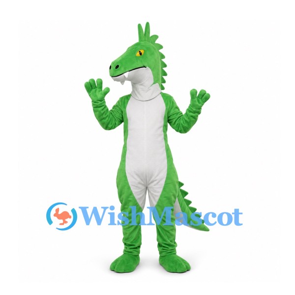 Dragon Mascot Costume in Green with White Belly and Long Tail